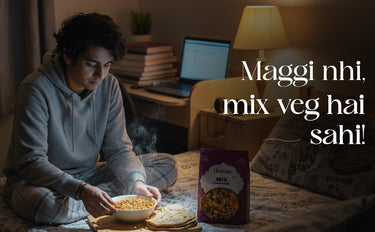 Person sitting on a bed with a bowl of food and a laptop, with text overlay.