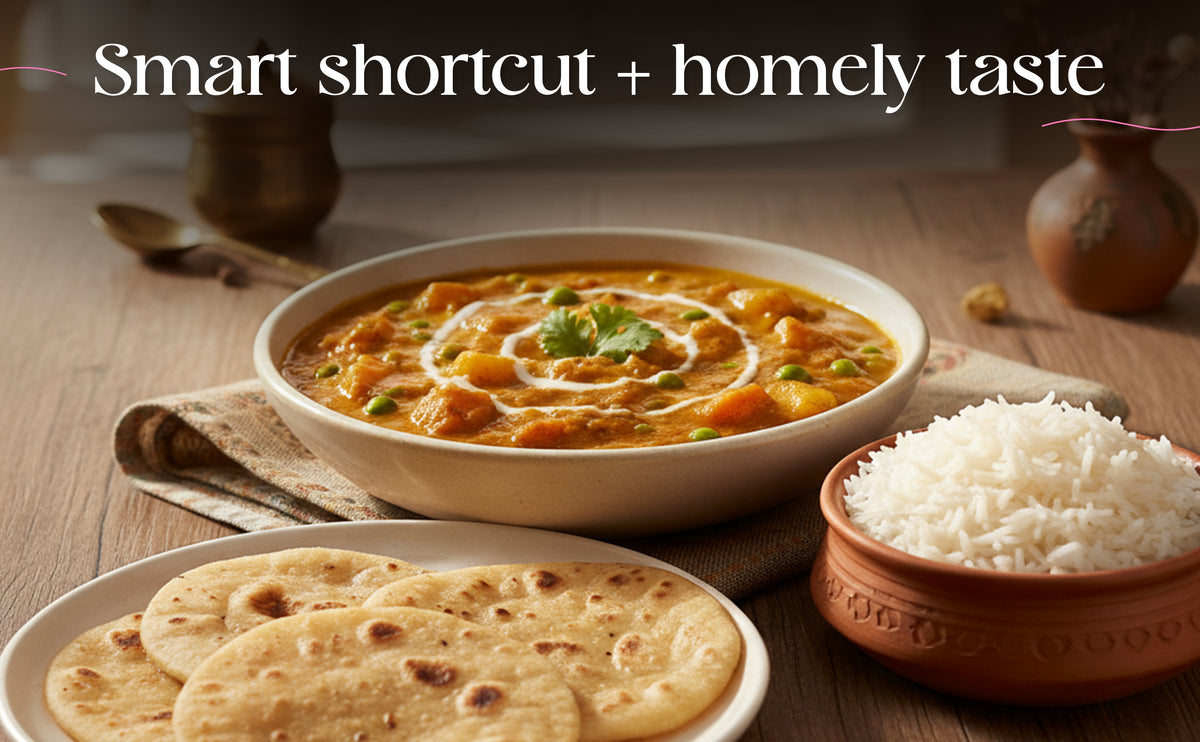  bowl of curry with rice and naan on a wooden table
