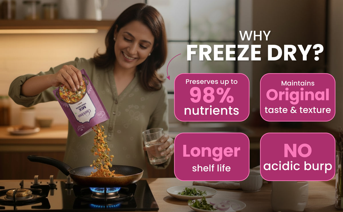 Woman pouring freeze-dried food into a pan with text highlighting benefits of freeze-drying.