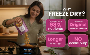 Woman pouring freeze-dried food into a pan with text highlighting benefits of freeze-drying.