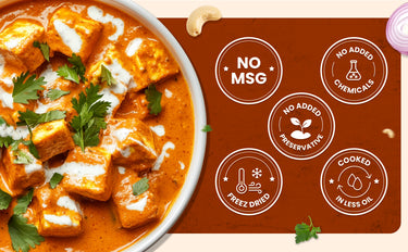 Mutton curry with cream and herbs on a plate, accompanied by health benefits icons on a brown background.
