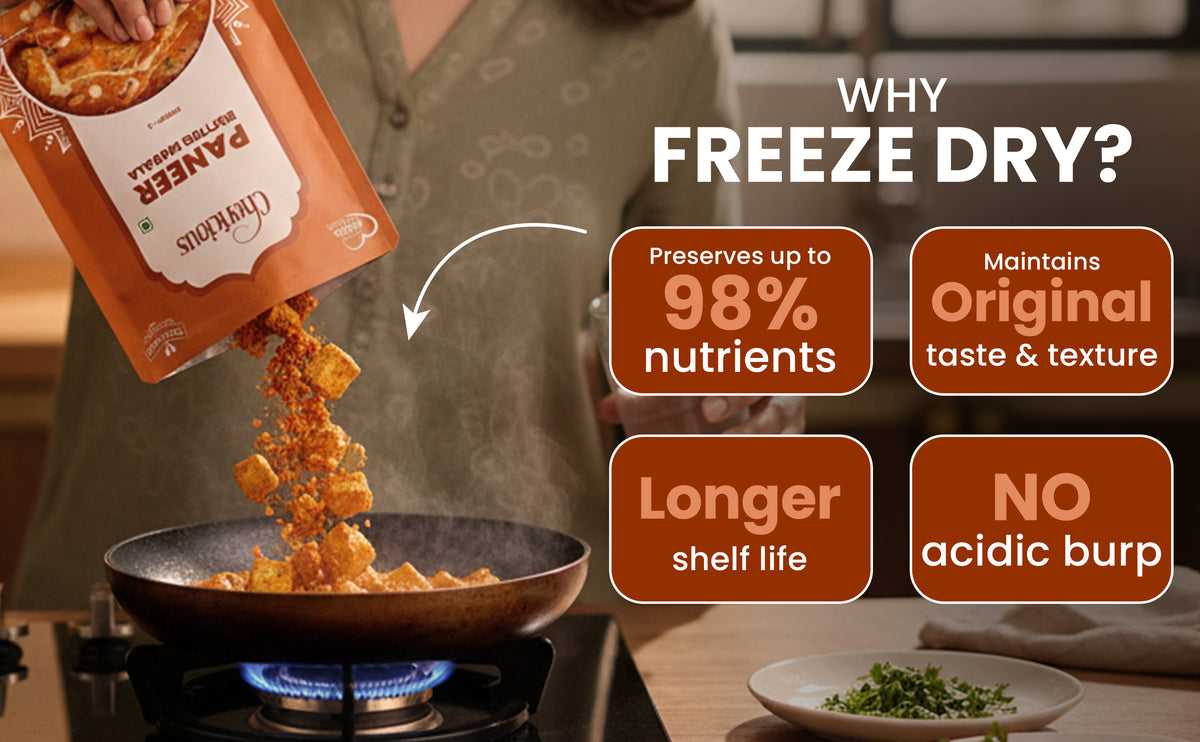 Freeze-dried food being poured into a pan with text highlighting benefits on a blurred kitchen background.