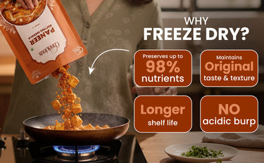 Freeze-dried food being poured into a pan with text highlighting benefits on a blurred kitchen background.