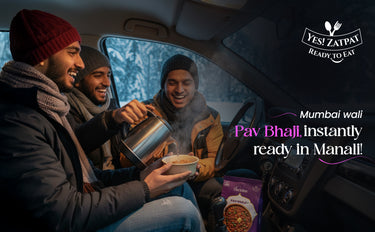 Three people inside a car, enjoying a meal together with promotional text for 'YES! Zatpay' and 'Mumbai wali Pav Bhaji'.