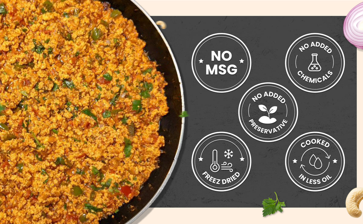 Fried rice dish with health benefits icons on a black background