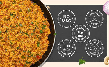 Fried rice dish with health benefits icons on a black background