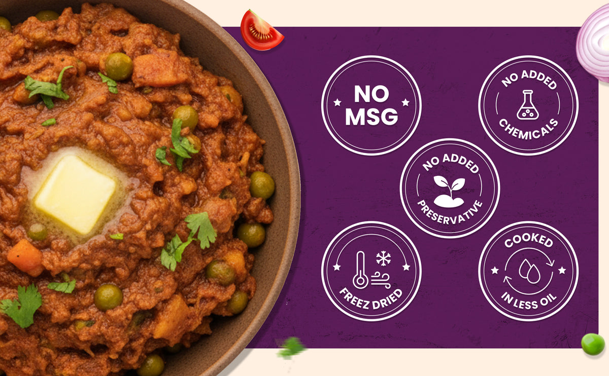 Mutton dish with butter and peas in a bowl on a purple background with health benefits text.