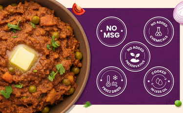 Mutton dish with butter and peas in a bowl on a purple background with health benefits text.