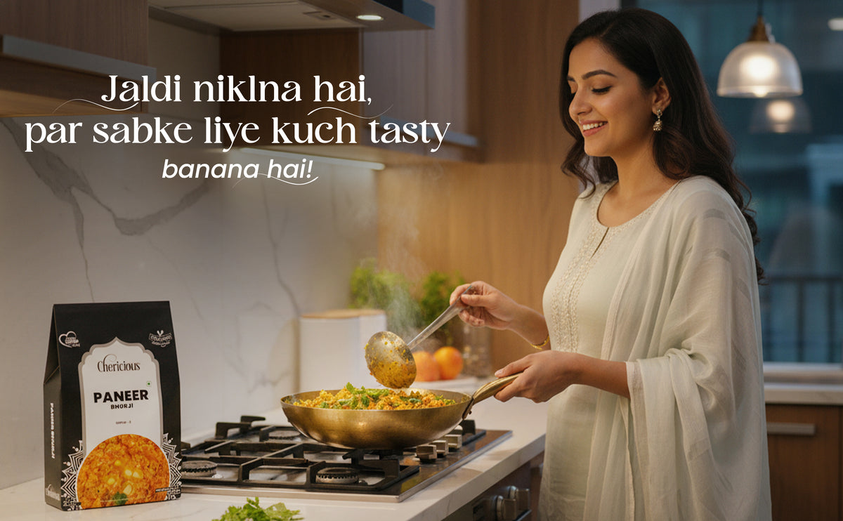 Woman cooking in a kitchen with a block of Chhota Bheem Paneer and text overlay.