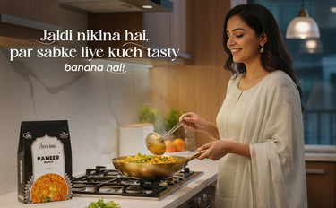 Woman cooking in a kitchen with a block of Chhota Bheem Paneer and text overlay.