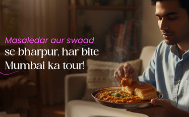 Person eating a plate of food with text overlay in a warm indoor setting