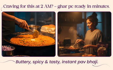 Two images showing a person cooking pav bhaji and a woman smiling in a kitchen.