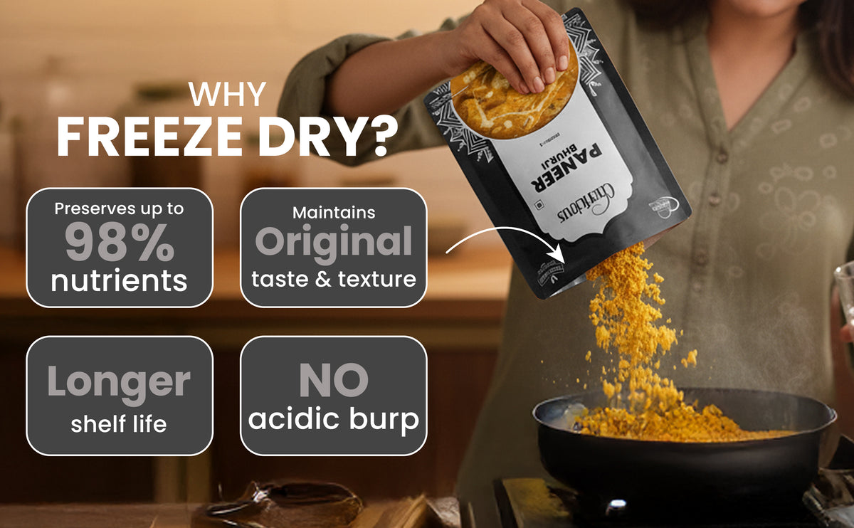 Person pouring freeze-dried food into a pan with text highlighting benefits of freeze drying.