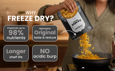 Person pouring freeze-dried food into a pan with text highlighting benefits of freeze drying.