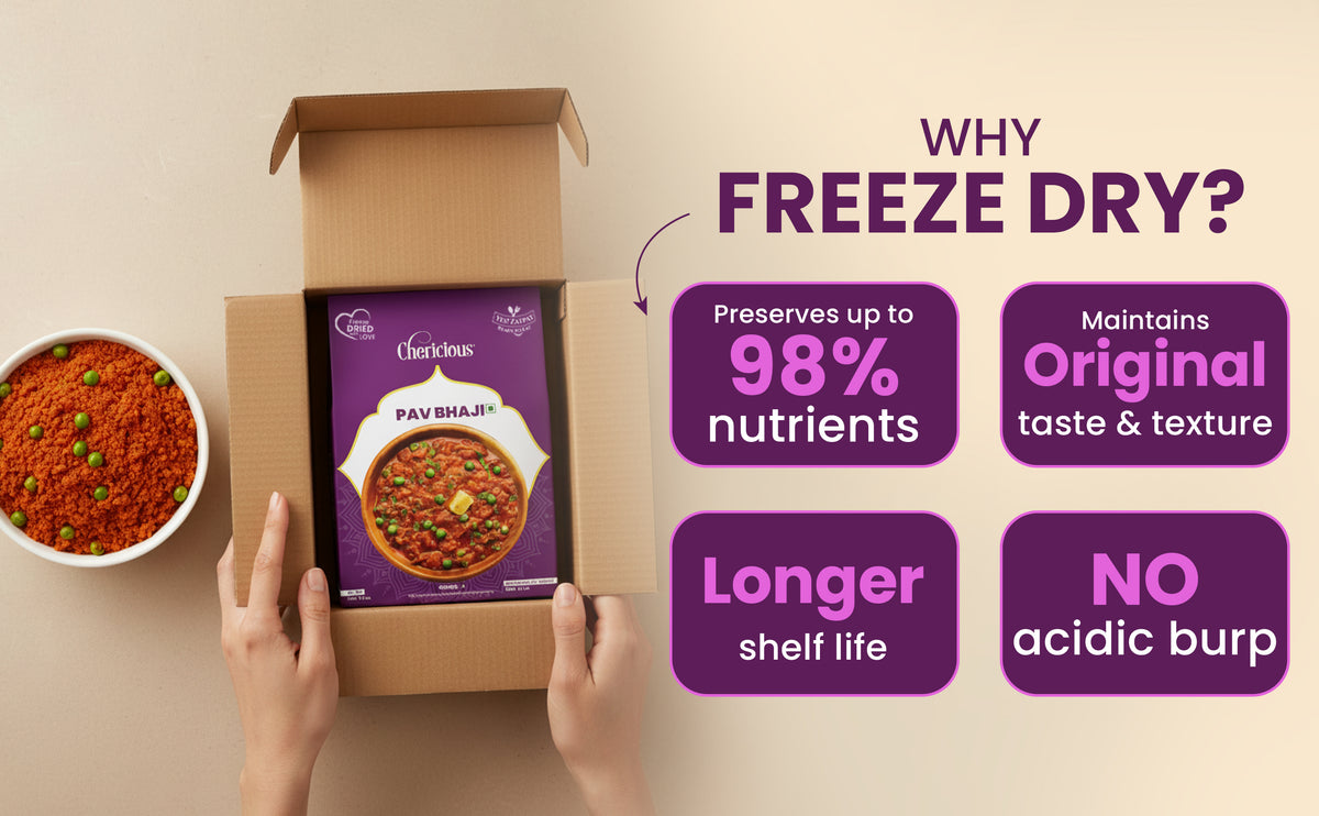 Cardboard box with a purple package of Charmandar Pav Bhaji, showing benefits of freeze-drying on a beige background.