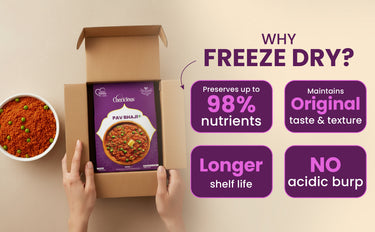 Cardboard box with a purple package of Charmandar Pav Bhaji, showing benefits of freeze-drying on a beige background.