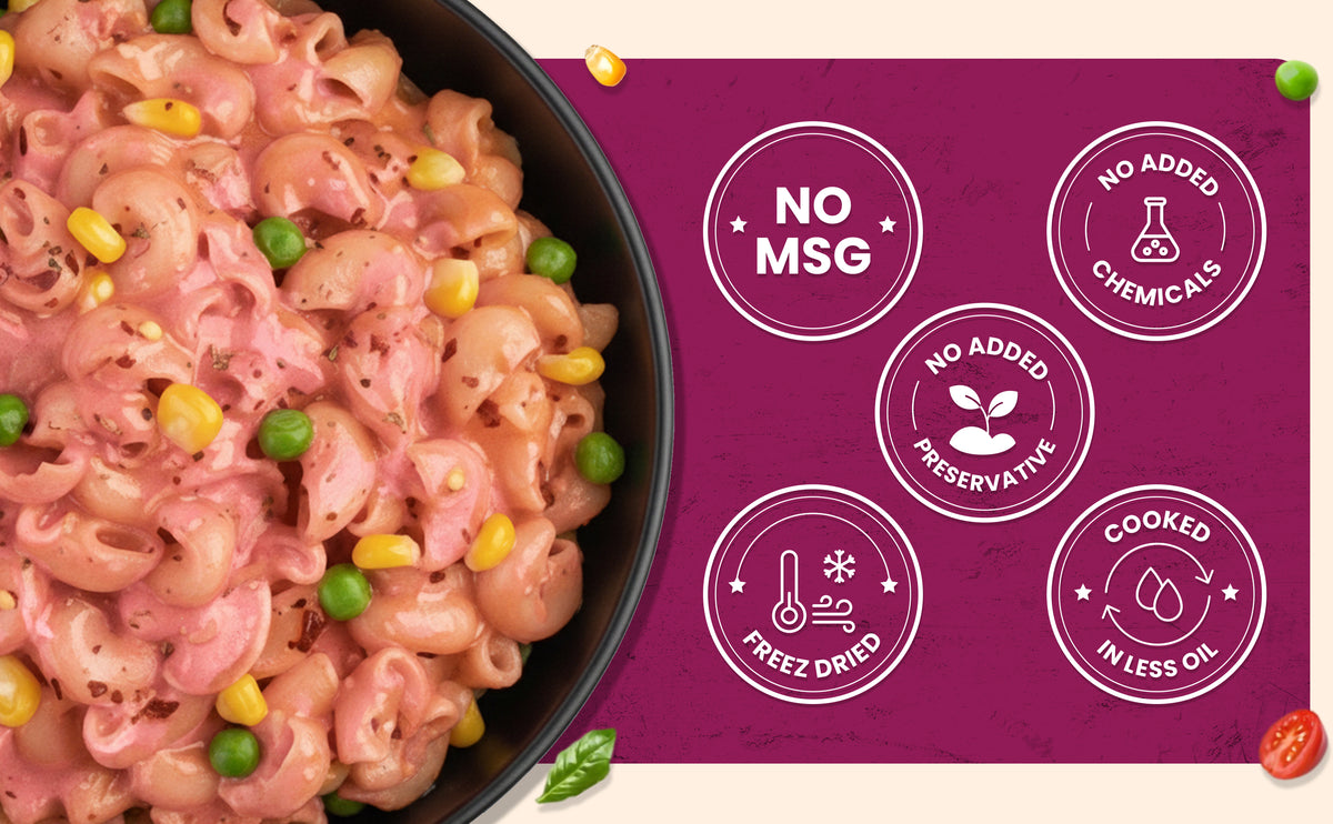 Macaroni and cheese with visible ingredients on a purple background with health claims.