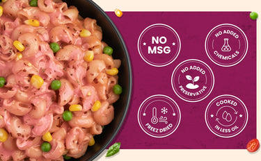 Macaroni and cheese with visible ingredients on a purple background with health claims.