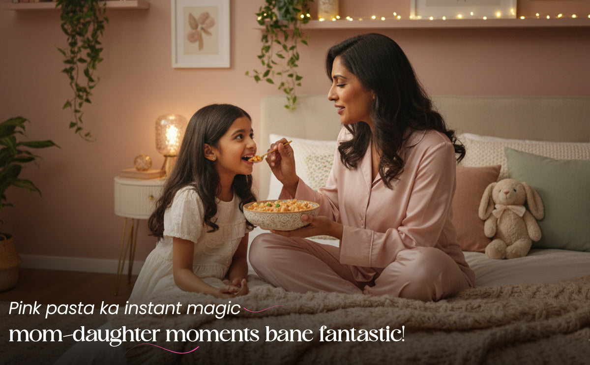 Woman and child sitting on a bed eating pasta, with decorative elements in the background.