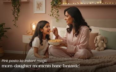 Woman and child sitting on a bed eating pasta, with decorative elements in the background.
