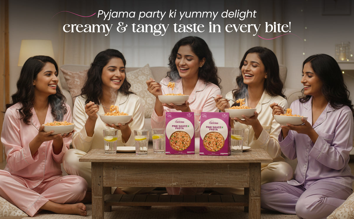 Five women in pajamas enjoying a snack together with text about the product's taste.