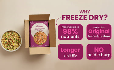 Box of freeze-dried pasta with a bowl of prepared pasta, and text highlighting benefits of freeze-drying on a beige background.
