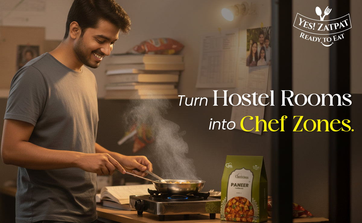 Man cooking in a kitchen with 'Yes! Zaap' branding and text promoting food for hostels.