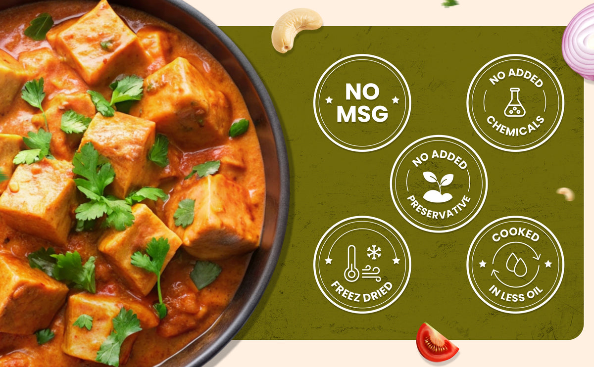 Mediterranean dish with tofu and vegetables on a green background with certification icons.