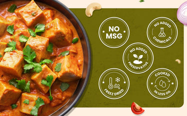 Mediterranean dish with tofu and vegetables on a green background with certification icons.
