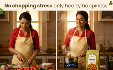 Woman in a kitchen preparing food with text 'No chopping stress only hearty happiness'.