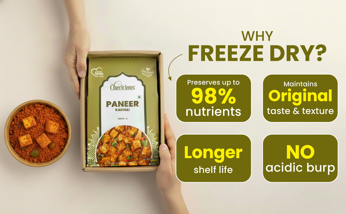 Box of Paneer Kadaif with freeze-drying benefits on a light background