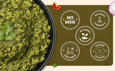 Green rice dish with a label indicating no MSG, no added chemicals, no added preservatives, cooked in less oil, and freeze-dried.