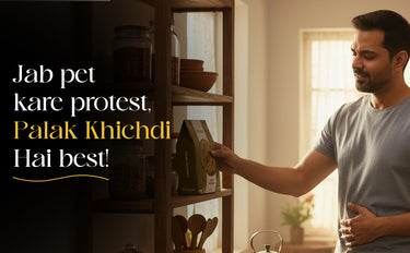 Man reaching for a box on a shelf with text overlay in a kitchen setting
