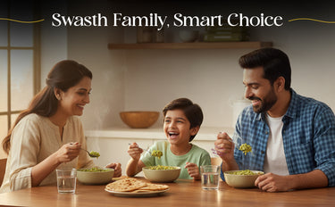 Family of three enjoying a meal together at a table with the text 'Swasth Family, Smart Choice' above them.