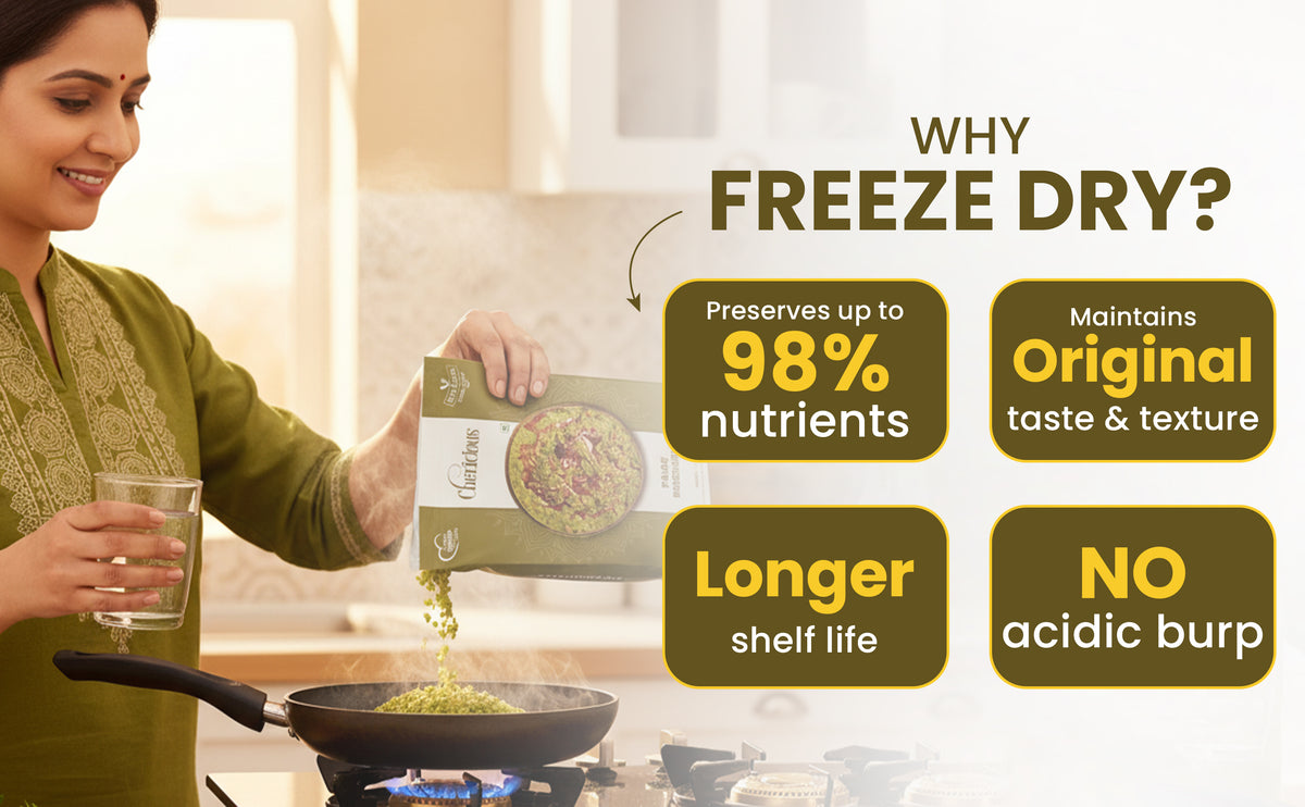 Woman in a kitchen holding a package with text about freeze-drying benefits.