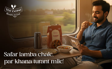 Man eating food on a train with Zatpay branding
