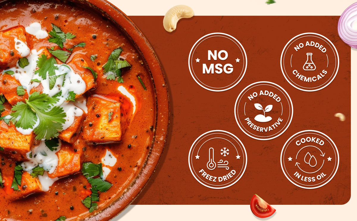 Spicy dish with garnishes on a brown background with health benefits text