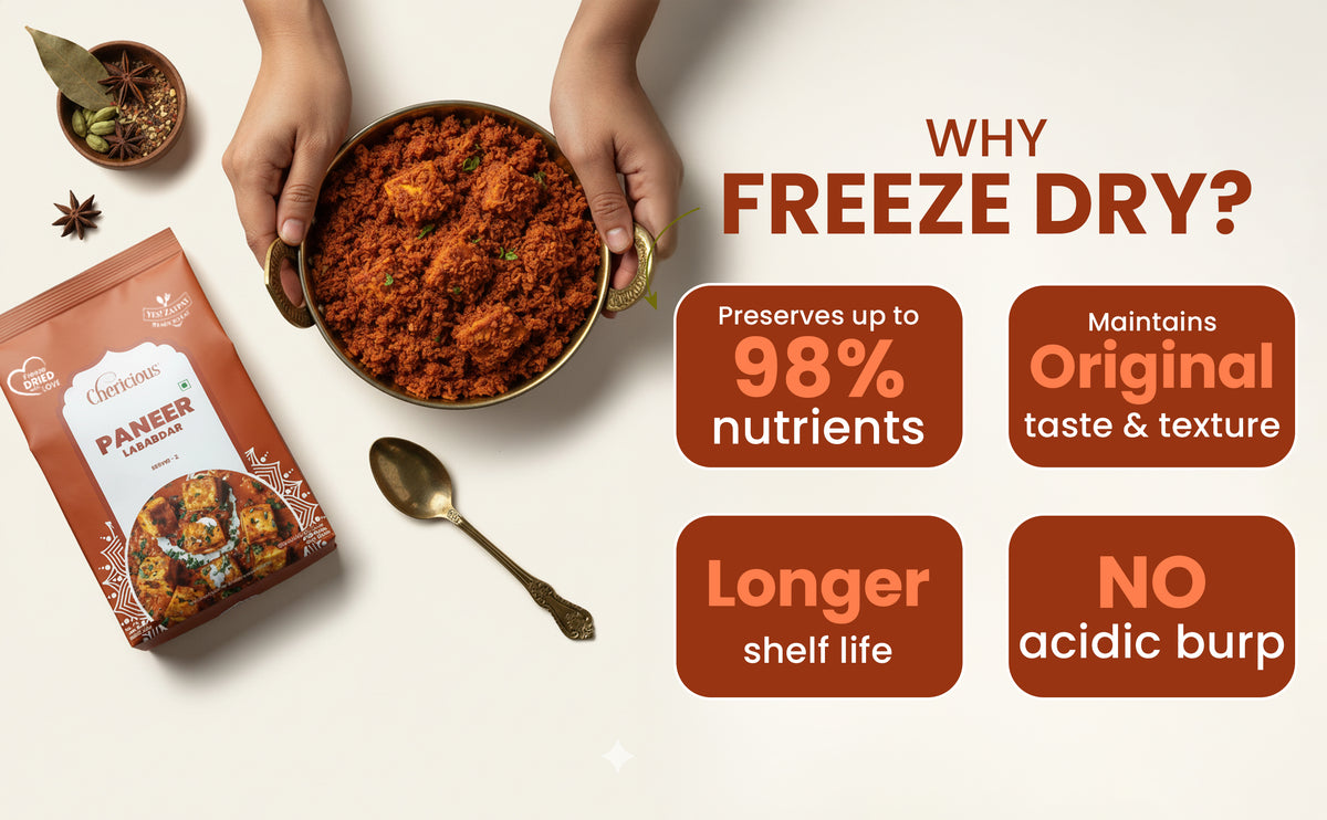 Freeze-dried food package with a bowl of food and promotional text on a white background