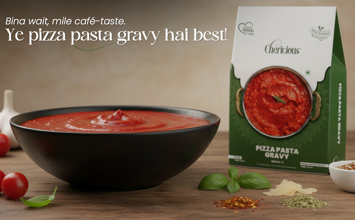 Bowl of pizza pasta gravy with a box of the product on a wooden table.