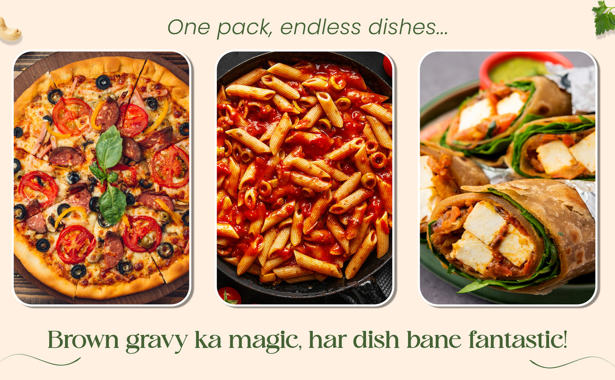 Three food items: pizza, pasta, and wrap, with text about a product's versatility.