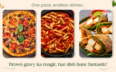 Three food items: pizza, pasta, and wrap, with text about a product's versatility.