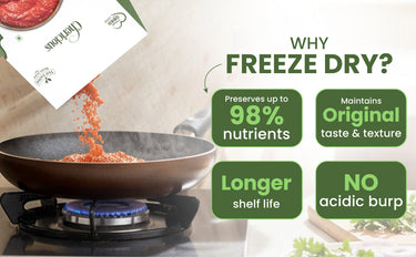 Freeze-dried food being added to a pan with text highlighting benefits on a white background.