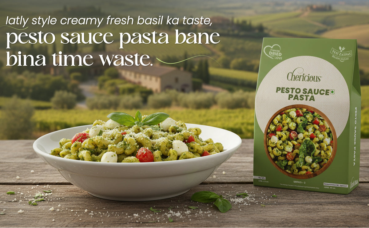 Pesto sauce pasta in a bowl with a box of the product on a wooden table, set against a scenic background.