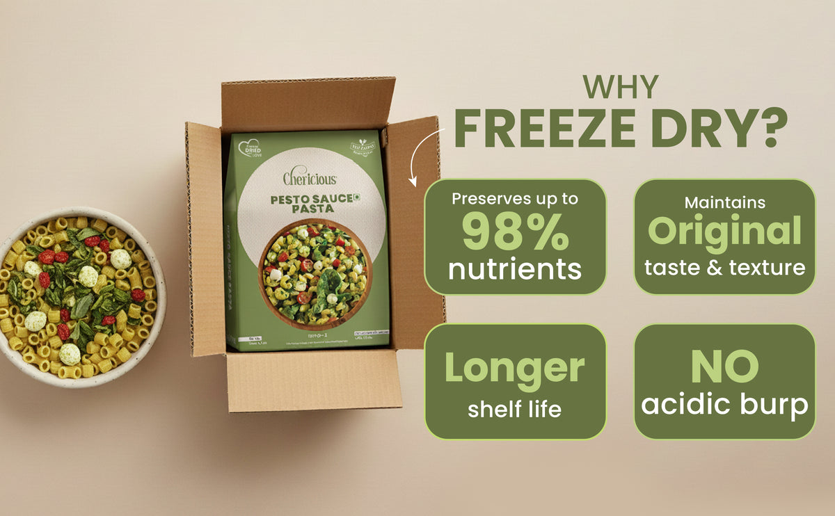 Open box of dried pasta with a bowl of pasta salad, featuring freeze-drying benefits on a beige background.
