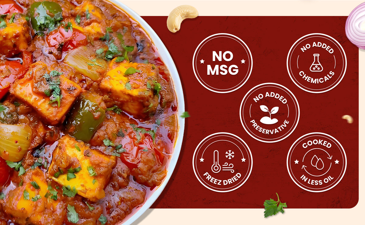 Stir-fry dish with text indicating no MSG, no added chemicals, no added preservatives, cooked in less oil on a red background