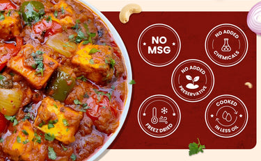 Stir-fry dish with text indicating no MSG, no added chemicals, no added preservatives, cooked in less oil on a red background