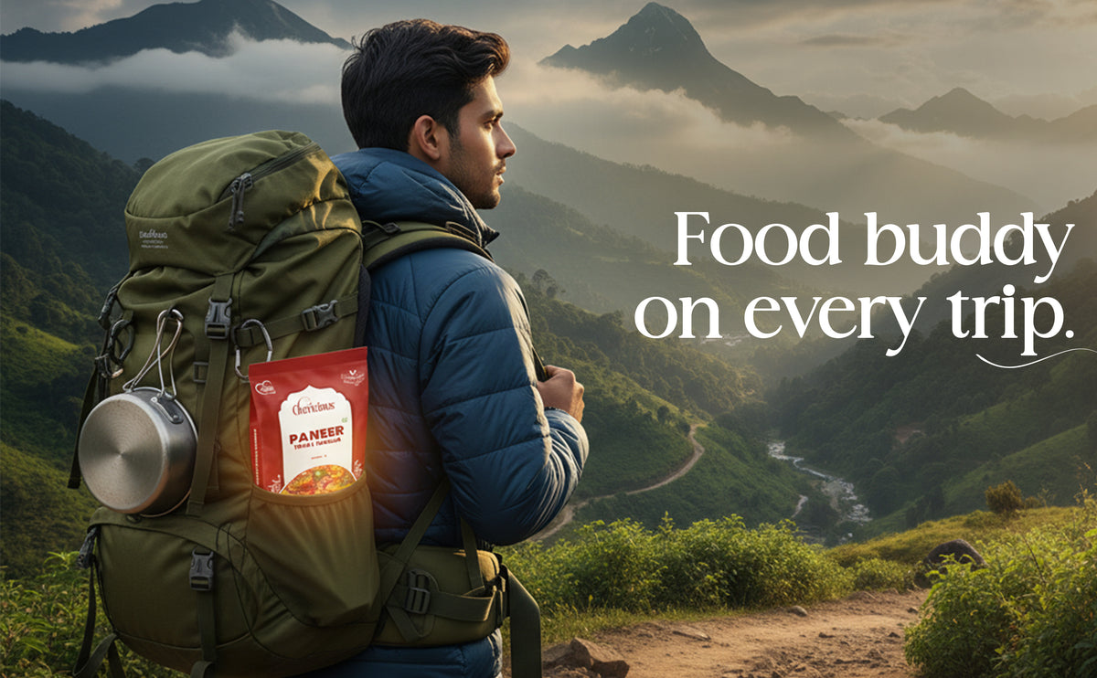 Man with hiking backpack and Paired food packet in a mountainous landscape