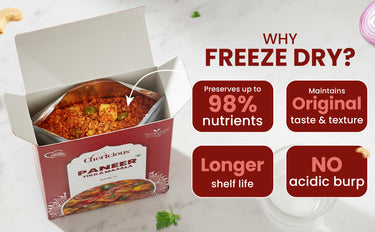 Freeze-dried food package with benefits listed on a white background