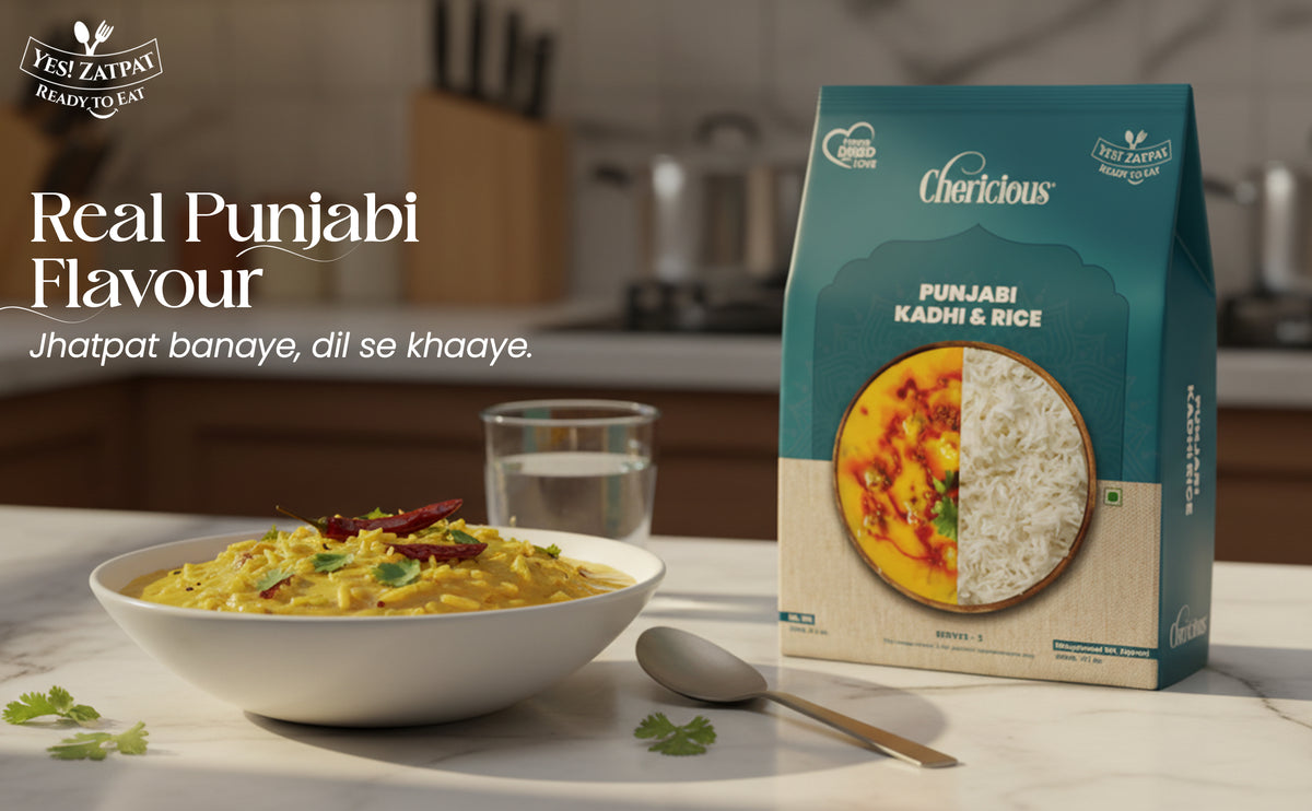 Cerlicious Punjabi Khadi & Rice packaging with a bowl of food on a table.