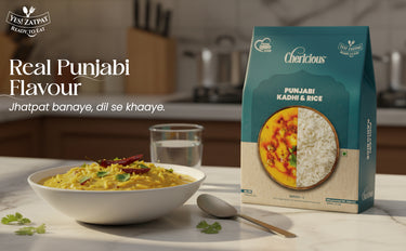 Cerlicious Punjabi Khadi & Rice packaging with a bowl of food on a table.